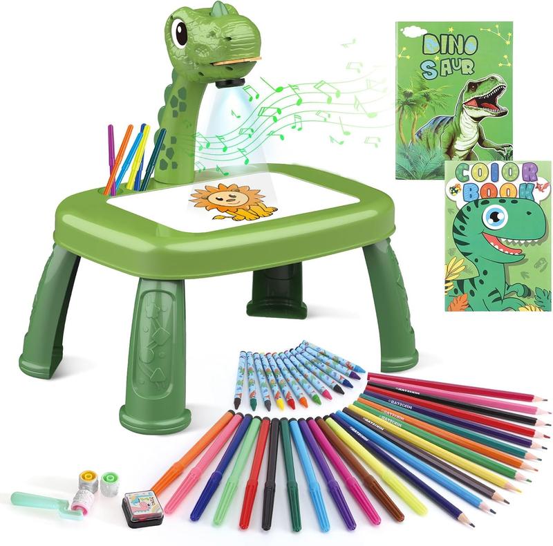 Dinasour Drawing Projector, Arts and Crafts for Boys, Contains Drawing Board with Music, Watercolor Pens, Pencils, Crayons, Scrapbook, Sticker Book, Unicorn Stickers, Stamps, Toys for Boys Age 3+