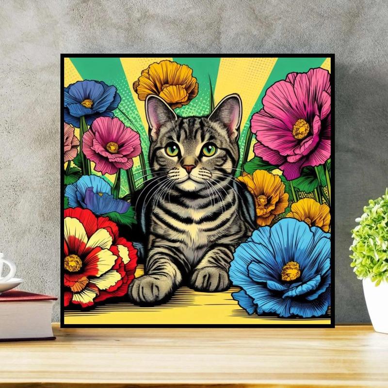 Cat & Flower Pattern DIY Diamond Arts Colorful Painting Kit without Frame, DIY 5D Diamond Arts Colorful Painting Kit, Wall Art Decor for Home