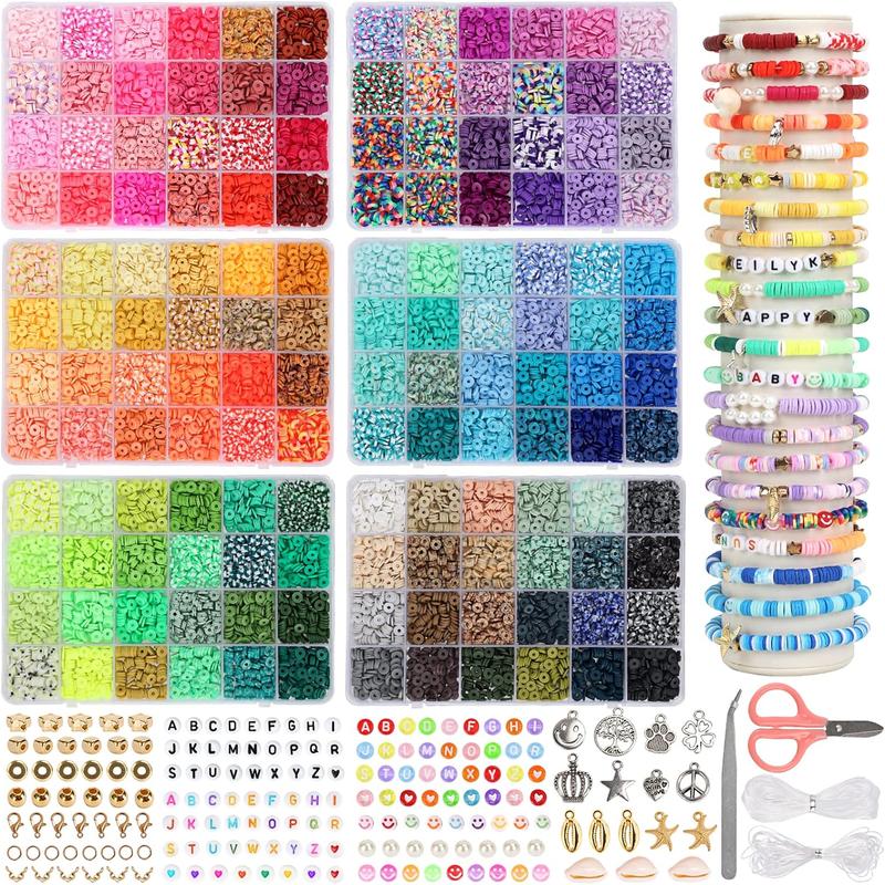 Clay Beads Bracelet Making Kit Friendship Preppy Flat Polymer Heishi Beads Jewelry Kits with Charms Gifts for Crafts DIY Arts Number beads Making Heart & Pattern Beads Fall & Winter