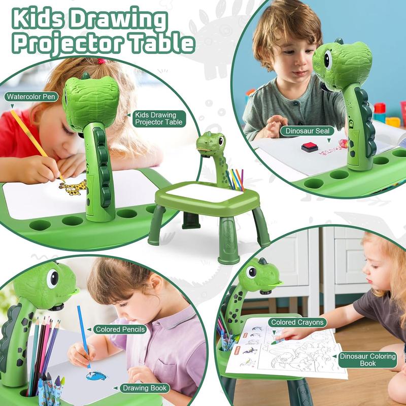 Dinasour Drawing Projector, Arts and Crafts for Boys, Contains Drawing Board with Music, Watercolor Pens, Pencils, Crayons, Scrapbook, Sticker Book, Unicorn Stickers, Stamps, Toys for Boys Age 3+