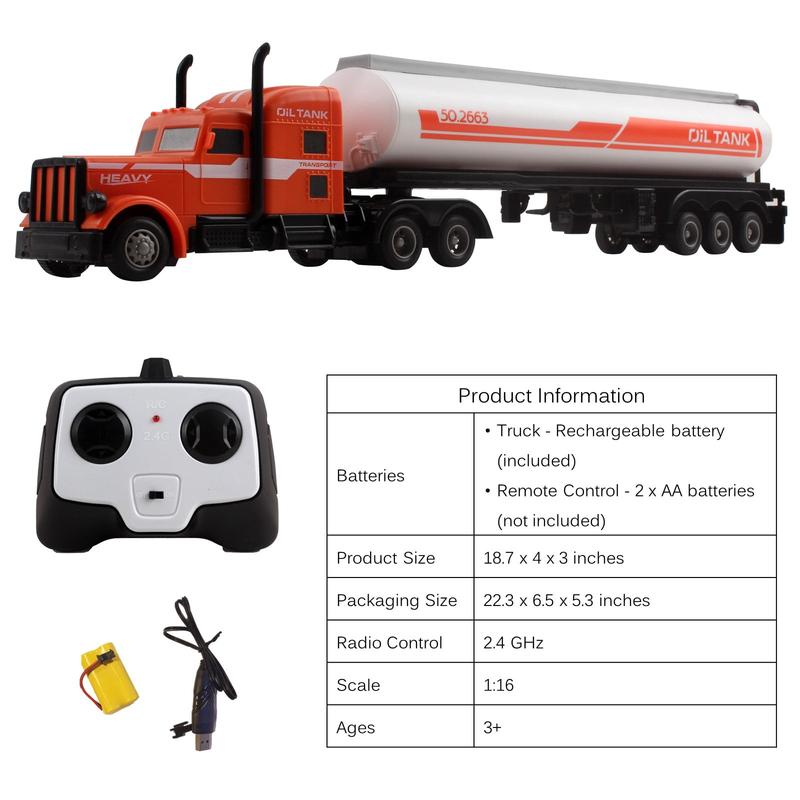 Semi Truck And Fuel Trailer 18 Inch 2.4Ghz Fast Speed 1:16 Scale Electric Oil Hauler Rechargeable Remote Control Kids Big Rig Toy Carrier Vehicle Cargo Car Great Gift For Children Boys Girls