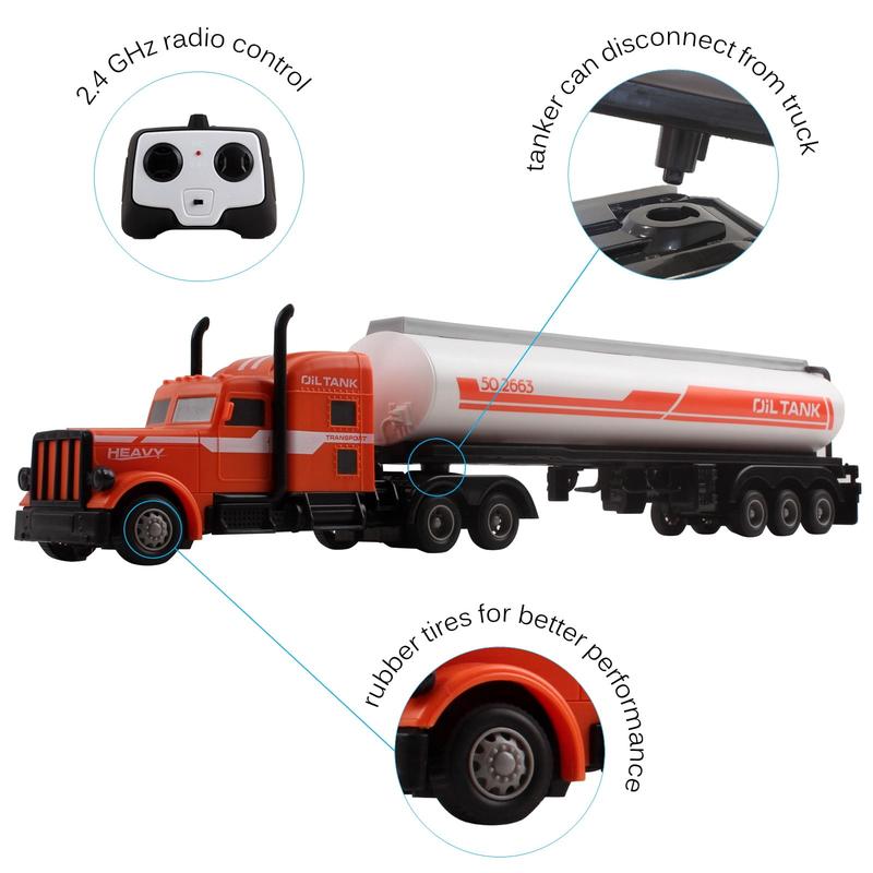 Semi Truck And Fuel Trailer 18 Inch 2.4Ghz Fast Speed 1:16 Scale Electric Oil Hauler Rechargeable Remote Control Kids Big Rig Toy Carrier Vehicle Cargo Car Great Gift For Children Boys Girls