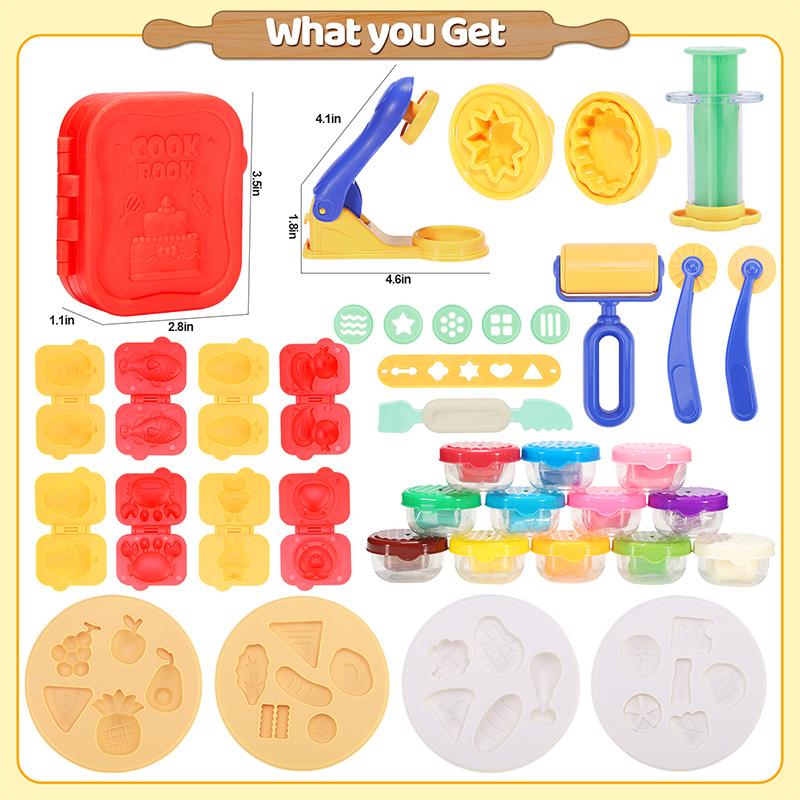 Crelloci Play Dough Set, Deluxe 39Pcs Kitchen Creations Accessories Kit, with 12 Cans Dough, 3-in-1 Color Ultra Light air dry Play Doh Play-Doh