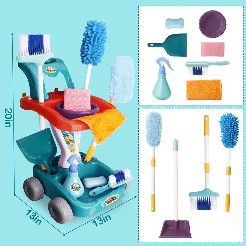 deAO Cleaning Set 12 PCS Pretend Play Detachable Housekeeping Cart with Broom,Dust Pan,Spray Bottle House Cleaning Tools Toys,Broom and Mop Set