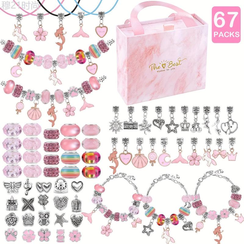 67pcs Pink Series Beading Jewelry Making Supplies Kit, with 60 Charm Beads, 3 Bracelet Bands, 3 Necklace Cords, Includes Unicorns Mermaids Crafts, for Birthday, Christmas 2025 Gift