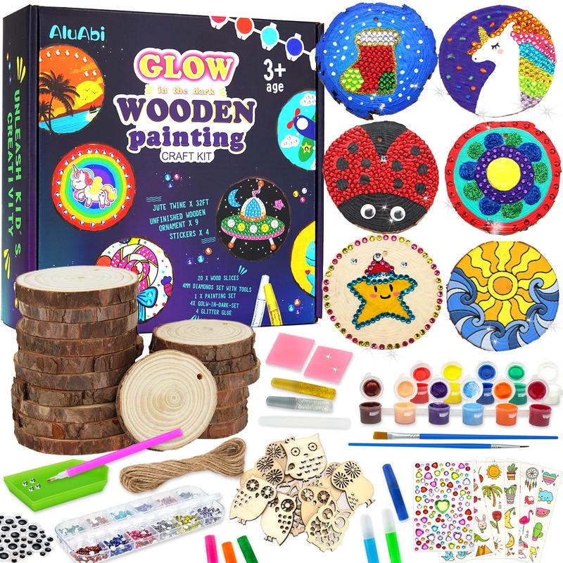 Christmas gifts kids toys,AluAbi Wooden Painting Crafts Kit for Kids-Glow in The Dark,Arts & Crafts Gifts for Boys Girls Ages 5-12,Wood Slice Craft Activities Kits,Creative Art Toys for Kids 5, 6, 7, 8, 9, 10, 11,12