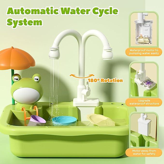 CUTE STONE Play Sink with Running Water,Sink Toys with Upgraded Electric Faucet, Pool Floating Fishing Toys for Water Play, Realistic cookingset toys