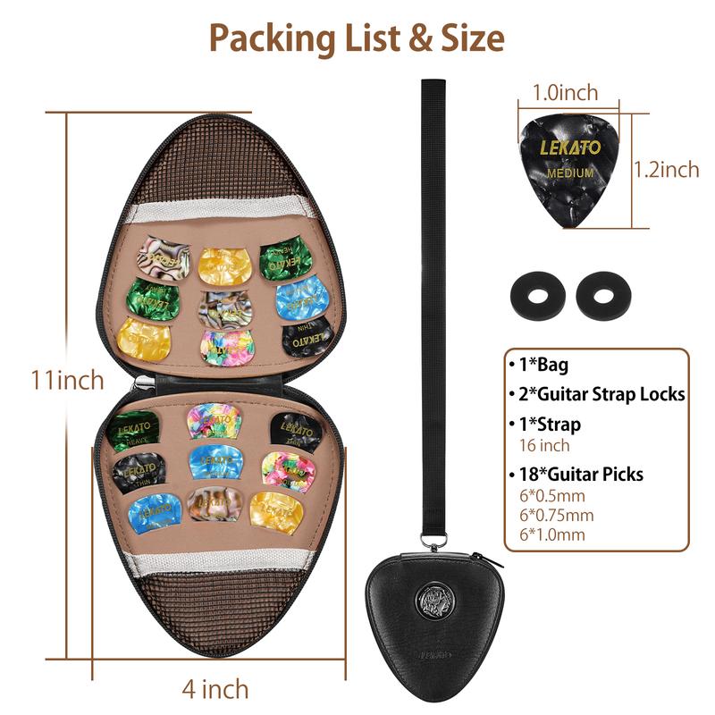 LEKATO Guitar Pick Holder Case with 18Pcs Guitar Picks, PU Leather Plectrums Guitar Picks Case with Lanyard, Guitar Picks Mesh Pocket for Guitar Accessories,Gifts for Guitar Lovers