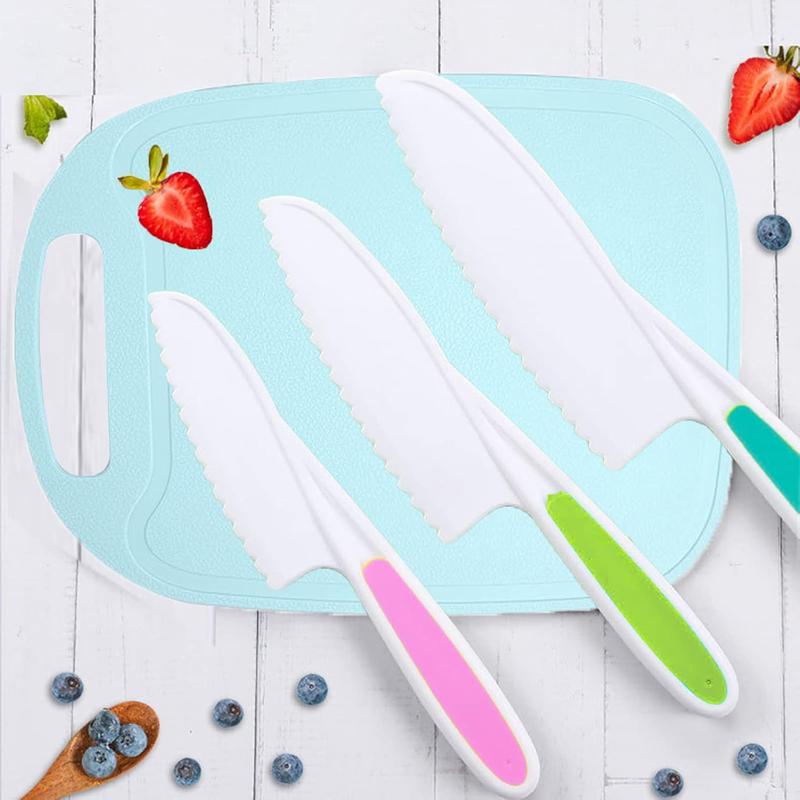 Christmas gift for kids 6Pcs Kids Knifes Set for Real Cooking, with Children's Safe Cooking Knifes in 3 Sizes & Colors, Cutting Board, Peeler and Potato Slicer, Serrated Edges Children Salad Knives for Fruit, Bread, Cake