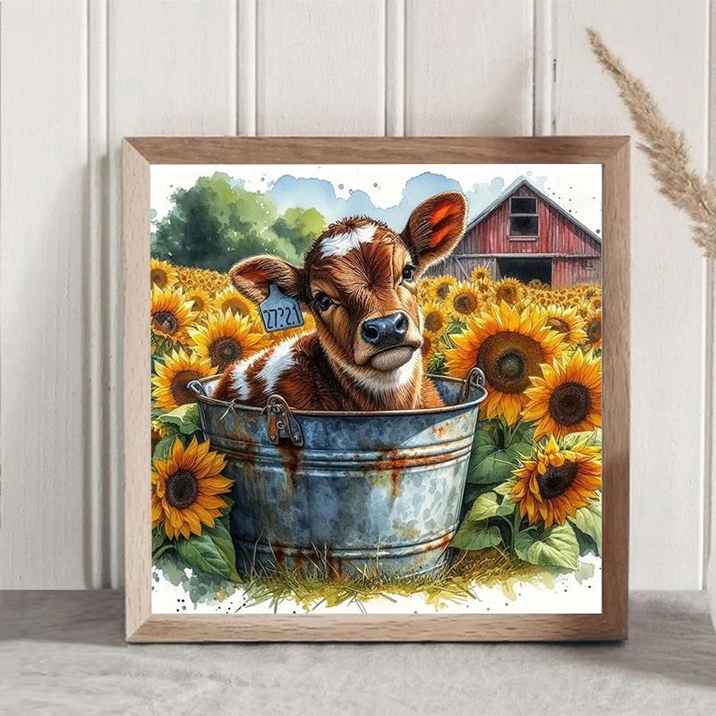 Sunflower Field & Cow Bucket Pattern DIY Diamond Art Colorful Painting Kit without Frame, 1 Set DIY Diamond Decorative Painting for Bedroom Home Decor