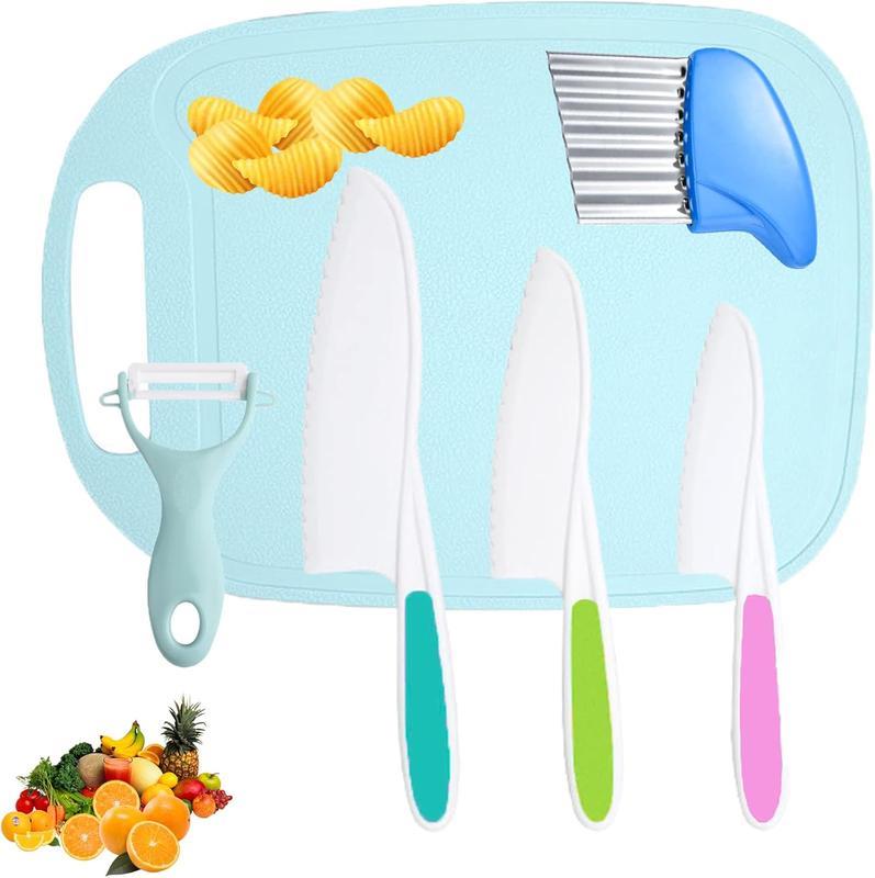 Christmas gift for kids 6Pcs Kids Knifes Set for Real Cooking, with Children's Safe Cooking Knifes in 3 Sizes & Colors, Cutting Board, Peeler and Potato Slicer, Serrated Edges Children Salad Knives for Fruit, Bread, Cake