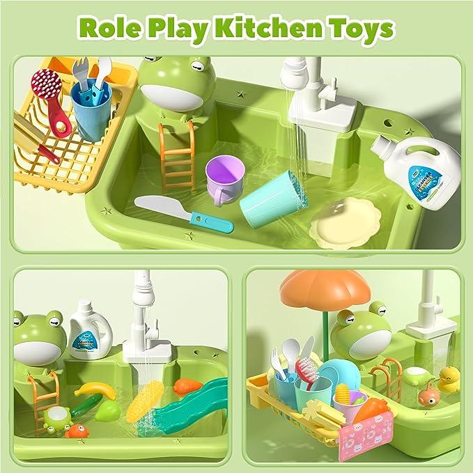 CUTE STONE Play Sink with Running Water,Sink Toys with Upgraded Electric Faucet, Pool Floating Fishing Toys for Water Play, Realistic cookingset toys