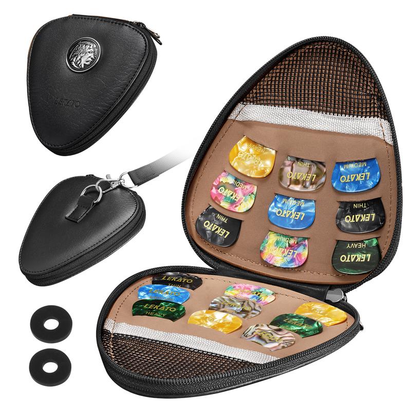 LEKATO Guitar Pick Holder Case with 18Pcs Guitar Picks, PU Leather Plectrums Guitar Picks Case with Lanyard, Guitar Picks Mesh Pocket for Guitar Accessories,Gifts for Guitar Lovers