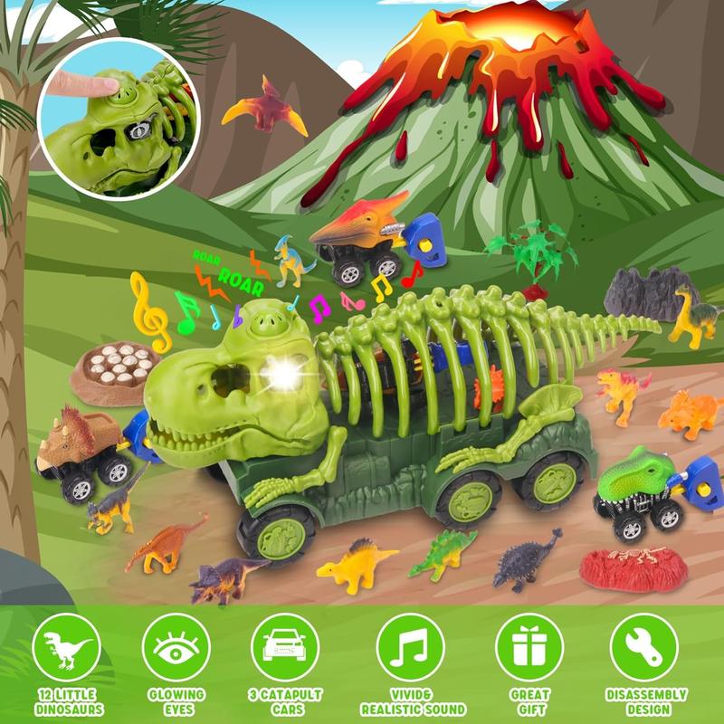 Dinosaur Truck with Sound & Light, Toy for Kids 3-5, T Rex Monster Truck Carrier Transport Car Game with 3 Little Dino Catapult Cars Vehicle & Jurassic Dinosaurs Figures