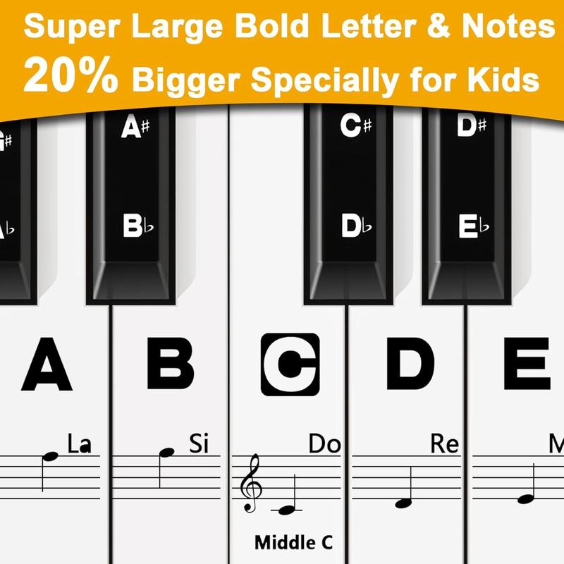 Piano Keyboard Stickers for Beginners Removable Piano Stickers for  88 61 54 49 37, Black Larger Letter Key Note Stickers for  Learning Piano, Upgraded with Solfege