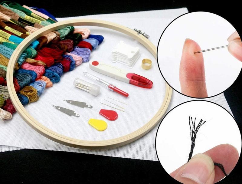 Embroidery Starter Kit - Cross Stitch Tool Kit - 100 Color Embroidery Threads, 5 Wooden Embroidery Hoops, 2 Pieces Aida Cloth