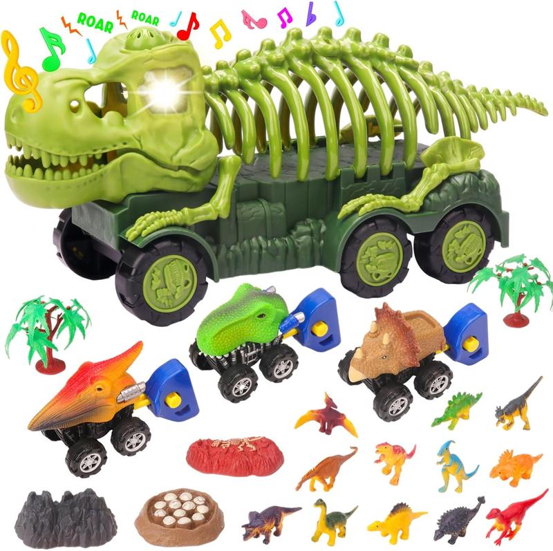 Dinosaur Truck with Sound & Light, Toy for Kids 3-5, T Rex Monster Truck Carrier Transport Car Game with 3 Little Dino Catapult Cars Vehicle & Jurassic Dinosaurs Figures