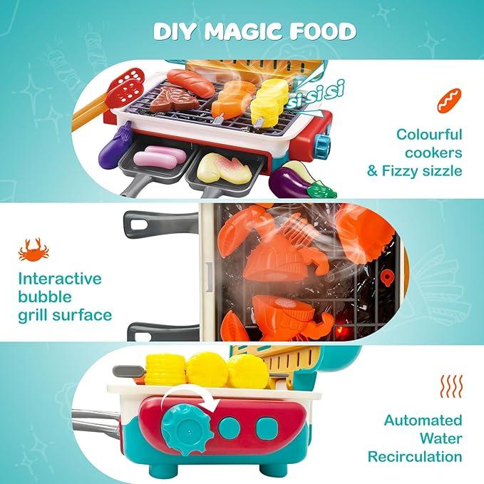 Children's Smart Barbecue Toys, Gifts For Girls And Boys, Spray Light And Sound Simulation Skewers Of Color-Changing Food Oven Set