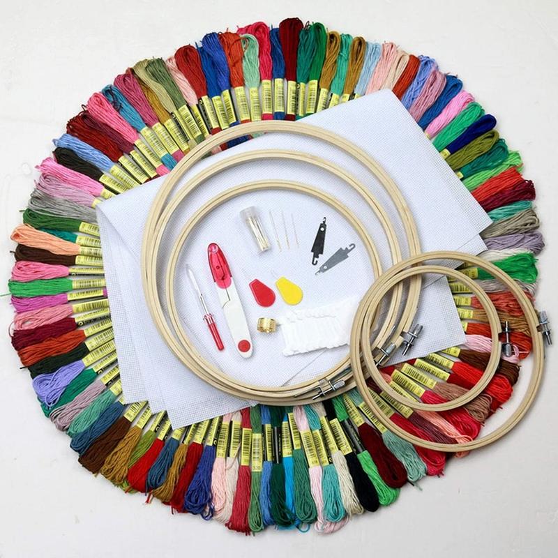 Embroidery Starter Kit - Cross Stitch Tool Kit - 100 Color Embroidery Threads, 5 Wooden Embroidery Hoops, 2 Pieces Aida Cloth