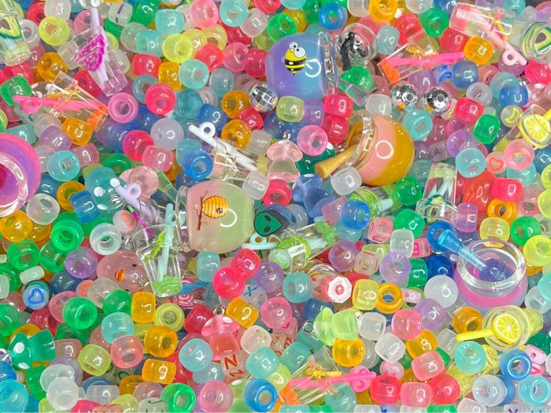 Glow in the dark 2 oz bead and charm mix- luminous pony beads, glow in the dark honey pots, symbol & letter beads, glow drink charms, and more! luminous bead