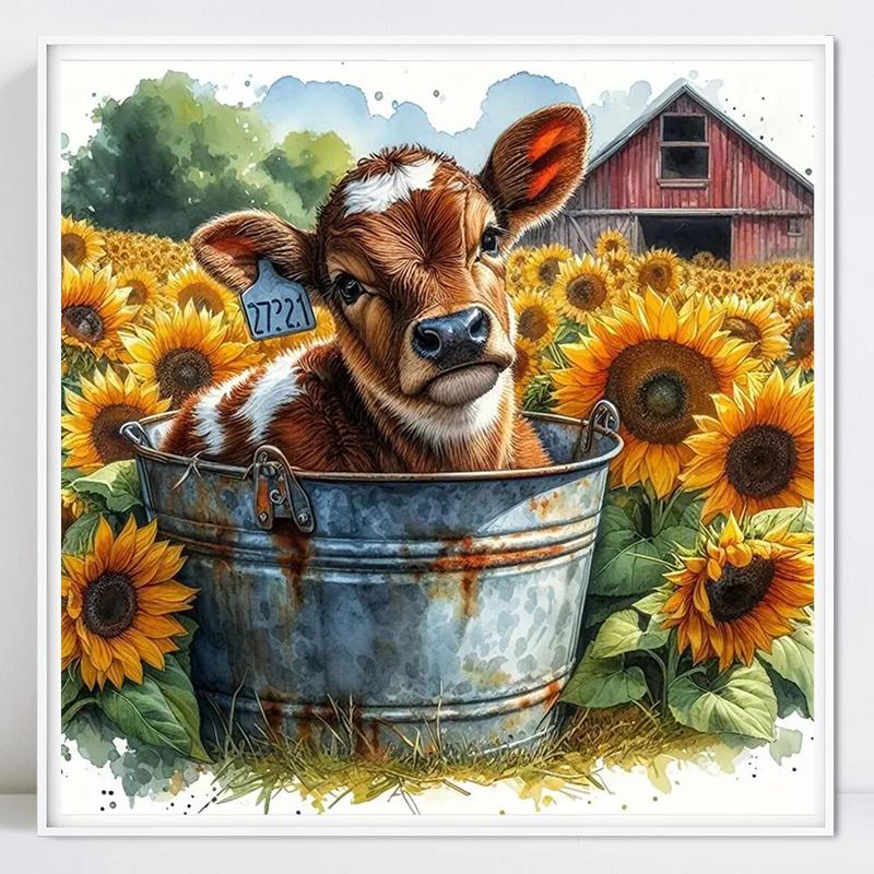 Sunflower Field & Cow Bucket Pattern DIY Diamond Art Colorful Painting Kit without Frame, 1 Set DIY Diamond Decorative Painting for Bedroom Home Decor