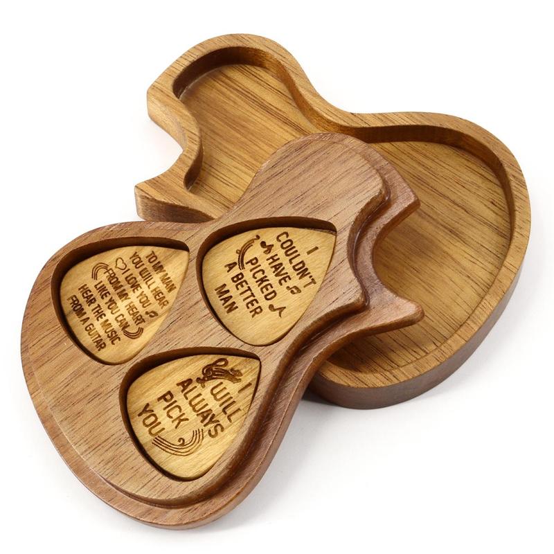 Wooden Engraved Pattern Guitar Pick Box, Including 3 Counts Guitar Pick, Portable Music Accessories for Guitar