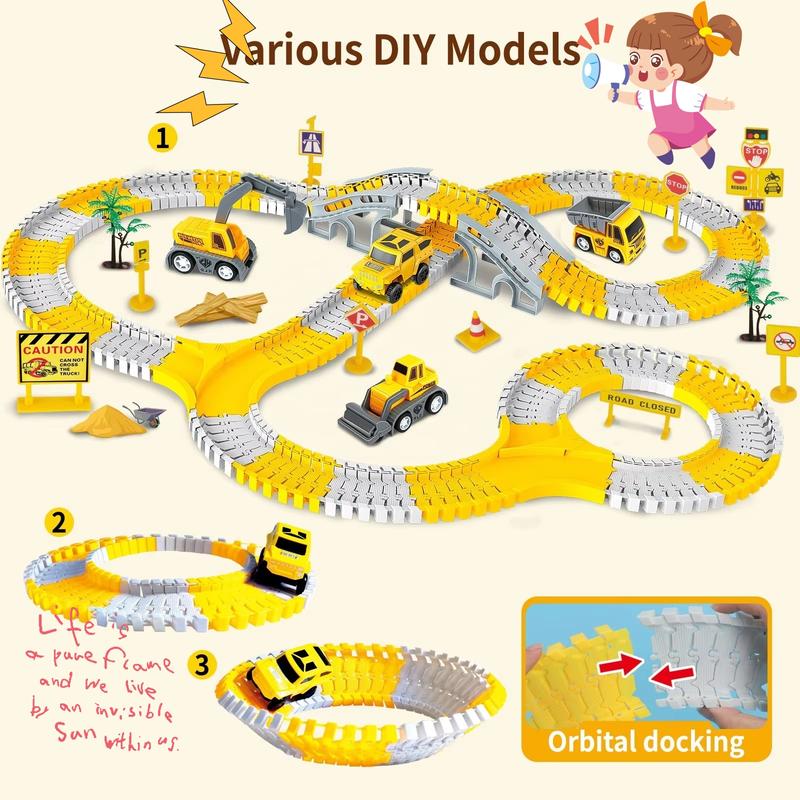 Kids Construction Toys, 255pcs Construction Race Tracks for Kids Toys, 1 Electric Cars, 6 Construction Cars, Flexible Track Play Set, Engineering Gifts for 3 4 5 6 Year Old Boys Girls,Children's birthday, Thanksgiving, Christmas gifts