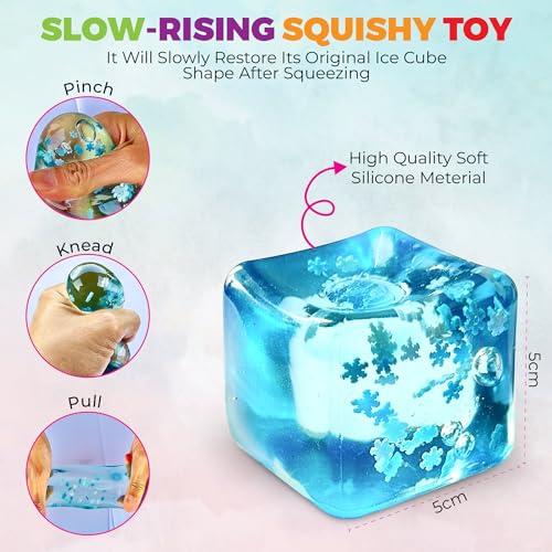 Stress Balls Ice Cube with Snowflakes Inside for Your Best Mellow and Chill, Snow Pieces Silent Nice Square Shape Anxiety Sensory Squishy Fidget Toy Slow Rise, Classroom Prizes, Calming Kids Adults