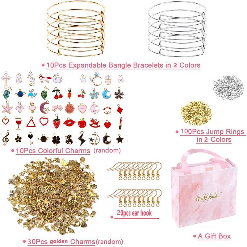 Cute Zinc Alloy DIY Beading Kit, Jewelry Making Kit Including 10pcs Mixed Color Blank Bracelets & 40pcs Mixed Style Pendants & 100pcs Open Rings & 20pcs Ear Hooks & 1 Count Gift Box