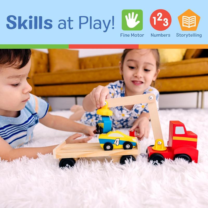 Magnetic Car Loader Wooden Toy Set With 4 Cars and 1 Semi-Trailer Truck