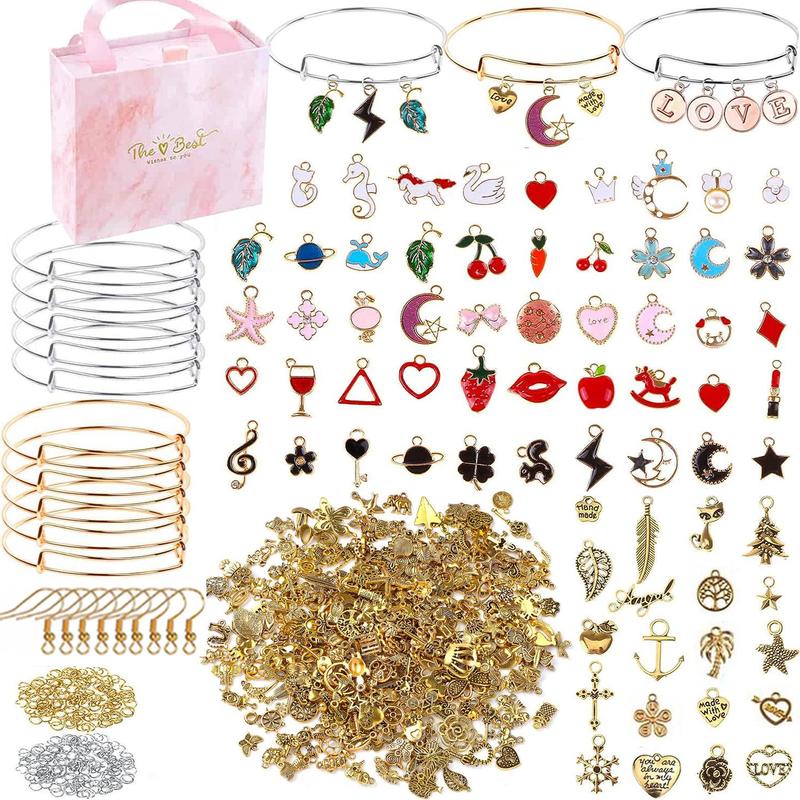 Cute Zinc Alloy DIY Beading Kit, Jewelry Making Kit Including 10pcs Mixed Color Blank Bracelets & 40pcs Mixed Style Pendants & 100pcs Open Rings & 20pcs Ear Hooks & 1 Count Gift Box