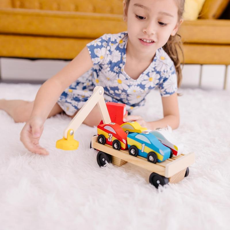 Magnetic Car Loader Wooden Toy Set With 4 Cars and 1 Semi-Trailer Truck