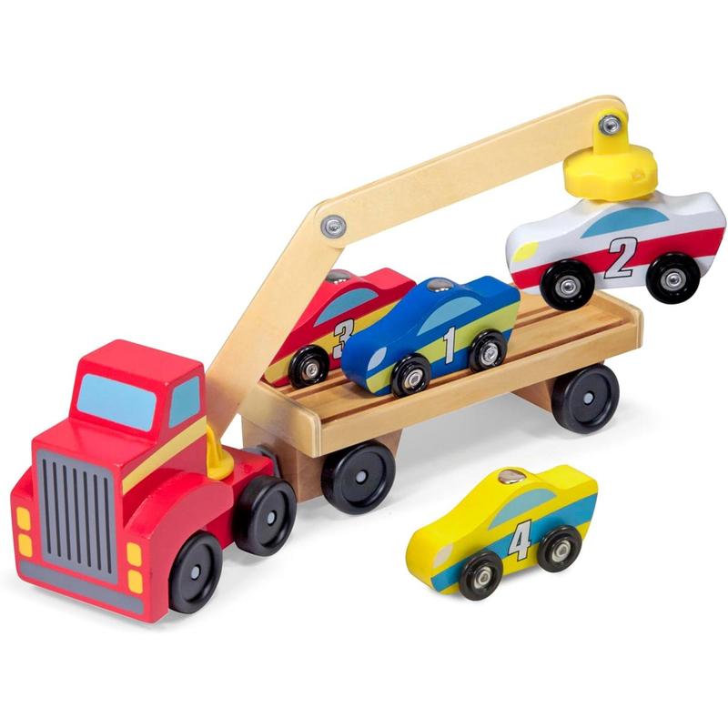 Magnetic Car Loader Wooden Toy Set With 4 Cars and 1 Semi-Trailer Truck