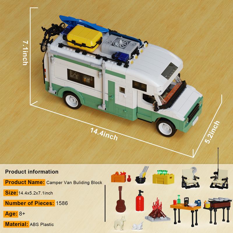 Green & White Camper Van Building Blocks Set, with LED Lighting, Perfect Christmas & Halloween Toys for Adults and Kids (1586 pcs)