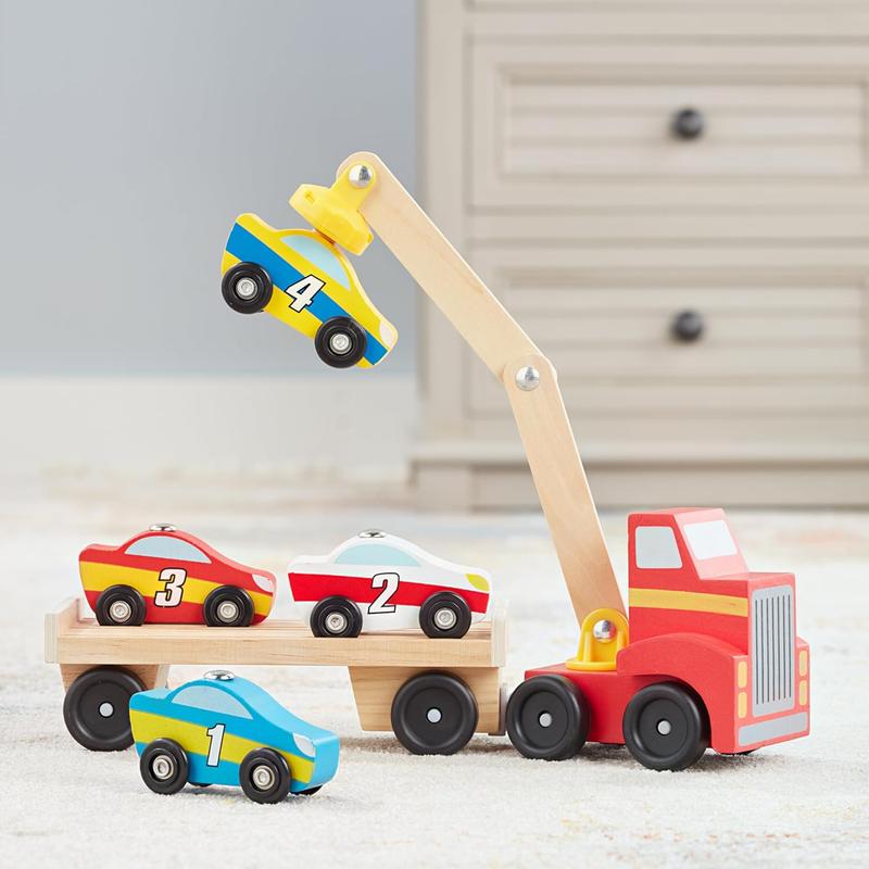 Magnetic Car Loader Wooden Toy Set With 4 Cars and 1 Semi-Trailer Truck