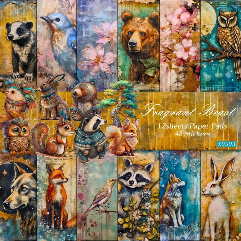 Forest Animal Pattern Paper & Sticker Set, 54pcs set Oil Painting Style Background Paper & Sticker, DIY Decorative Paper for Scrapbooking, Journaling