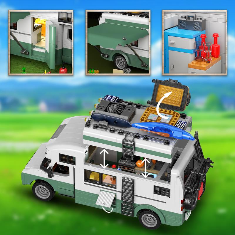 Green & White Camper Van Building Blocks Set, with LED Lighting, Perfect Christmas & Halloween Toys for Adults and Kids (1586 pcs)