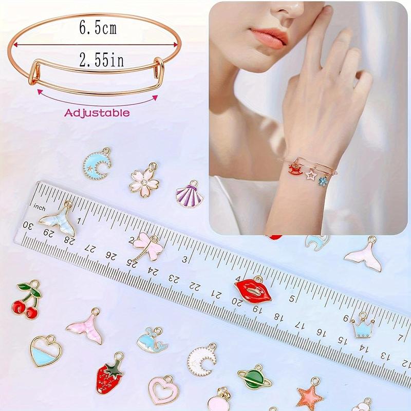 Cute Zinc Alloy DIY Beading Kit, Jewelry Making Kit Including 10pcs Mixed Color Blank Bracelets & 40pcs Mixed Style Pendants & 100pcs Open Rings & 20pcs Ear Hooks & 1 Count Gift Box