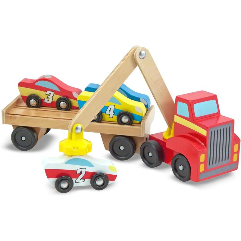 Magnetic Car Loader Wooden Toy Set With 4 Cars and 1 Semi-Trailer Truck