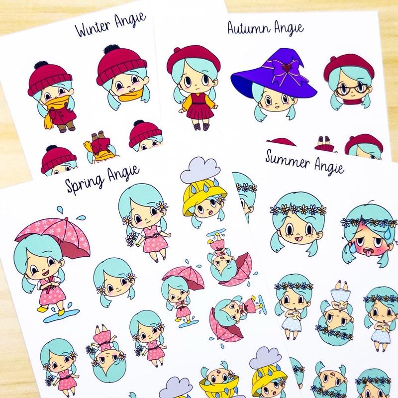 Seasonal Angie Planner Sticker Sheet Winter Spring Summer Fall Autumn Bujo Cute Kawaii Chibi Girl