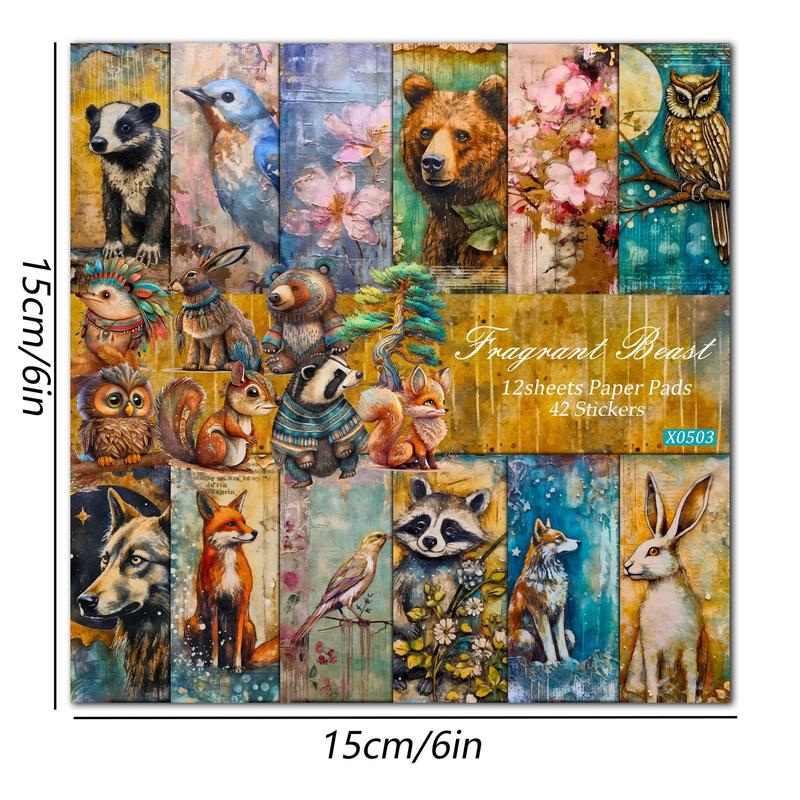 Forest Animal Pattern Paper & Sticker Set, 54pcs set Oil Painting Style Background Paper & Sticker, DIY Decorative Paper for Scrapbooking, Journaling