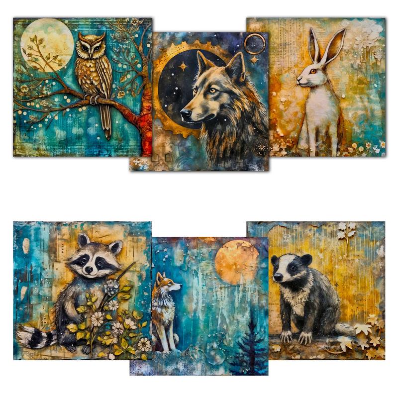 Forest Animal Pattern Paper & Sticker Set, 54pcs set Oil Painting Style Background Paper & Sticker, DIY Decorative Paper for Scrapbooking, Journaling