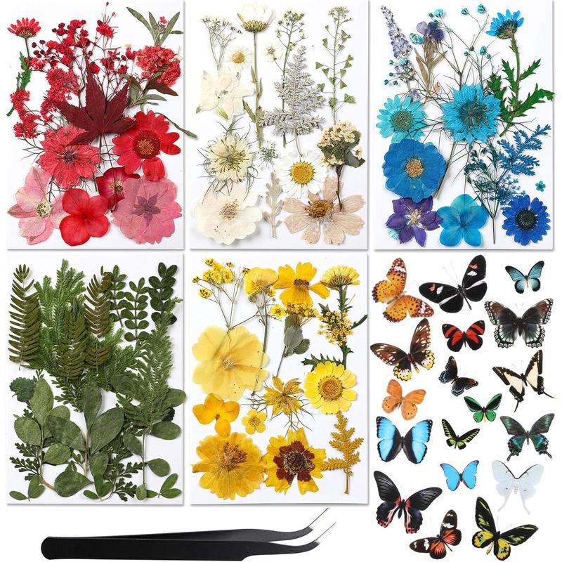 Real Dried Pressed Flower Set with Butterfly Transparent Stickers Scrapbook Decals Natural Dried Flowers Leaves with Tweezers for Resin Supplies DIY Candle Jewellery Making