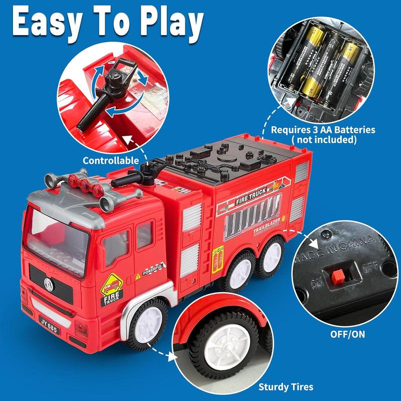 Large Fire Trucks for Toddlers 3-5, Toy Trucks for Toddlers Boys 1 2 3 4 5 Birthday Gifts, Kids' Play Trucks with 4D Lights & Real Firetruck Siren Sound - Automatic Bump Go Technology