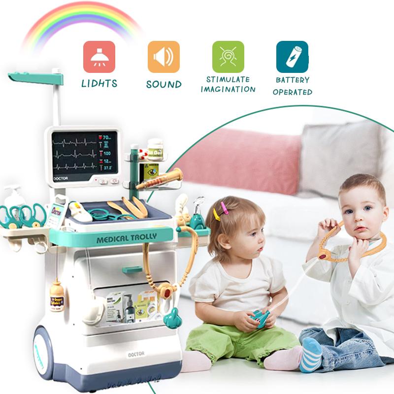 Doctor Kit for Kids Pretend Play Medical Station 26 PCS with Mobile Cart, Thermometer, Stethoscope, X-Rays, Pulse Machine