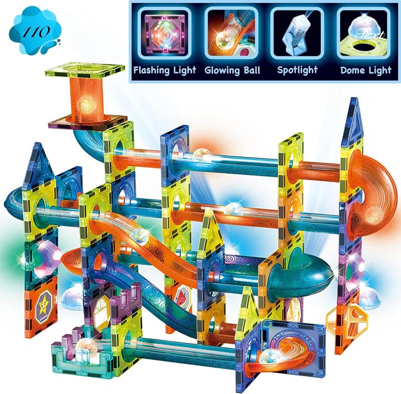 110pcs Magnetic Tiles Marble Run Building Toy Set, 3D Transparent Educational STEM Blocks for Toddlers, Perfect Birthday and Christmas Gift for Kids Ages 3, 4, 5, and 6.