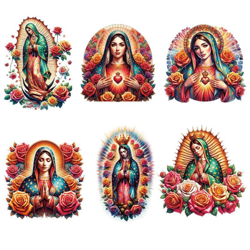 Flower Our Lady Pattern DIY Embossing Sticker, 6 Counts set DIY Heat Transfer Sticker, DIY Decoration For DIY Craft