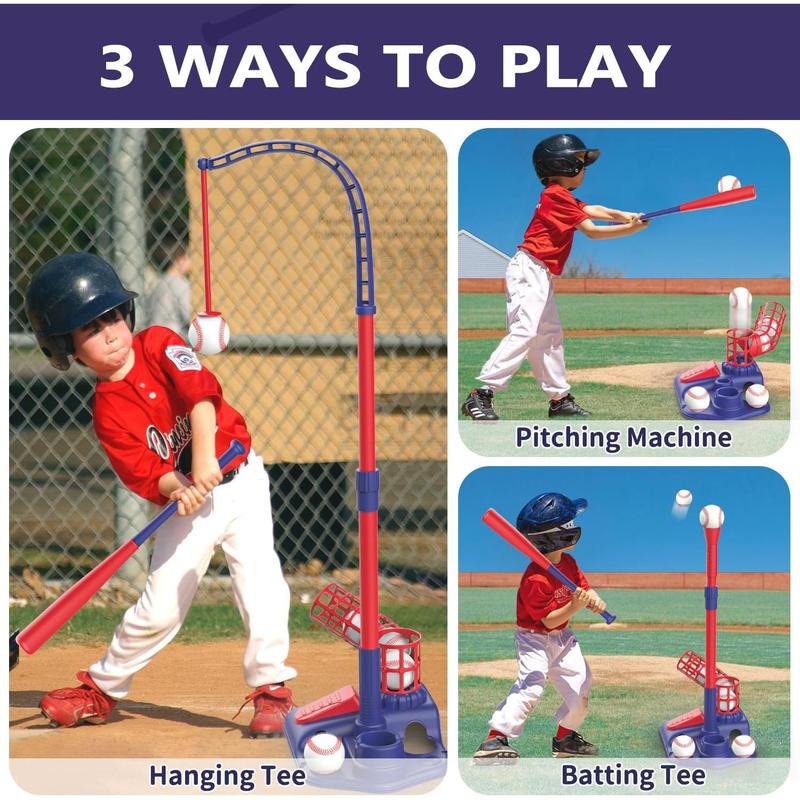 3-in-1 Hanging Baseball Set Toys for Kids, Height Adjustable Tee Ball Set with 6 Baseballs, Indoor Outdoor Sports Toys Gift for Girls Boys