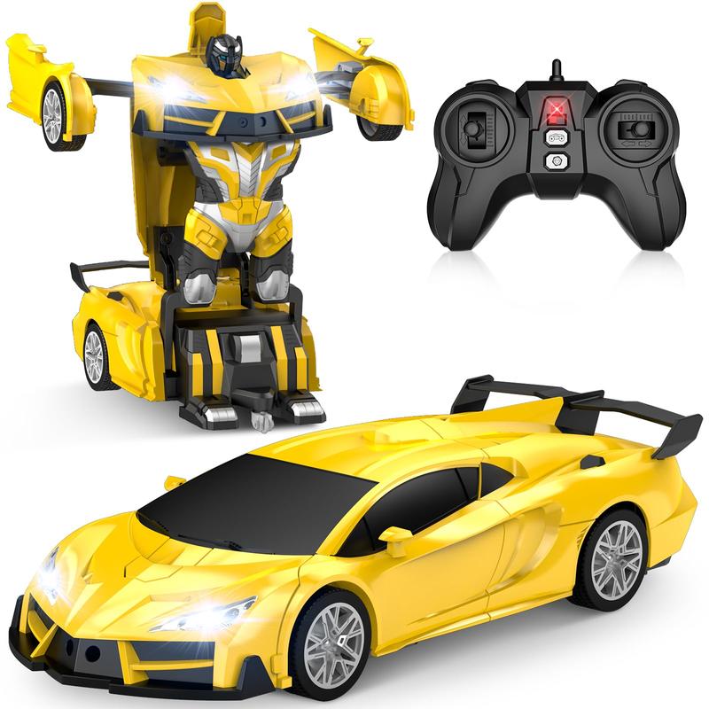 Remote Control Car，Transform Robot RC Cars with Cool LED Headlights, 2.4Ghz Car with 360 Degree Rotation and One-Button Deformation, Christmas Birthday Gifts(Yellow)