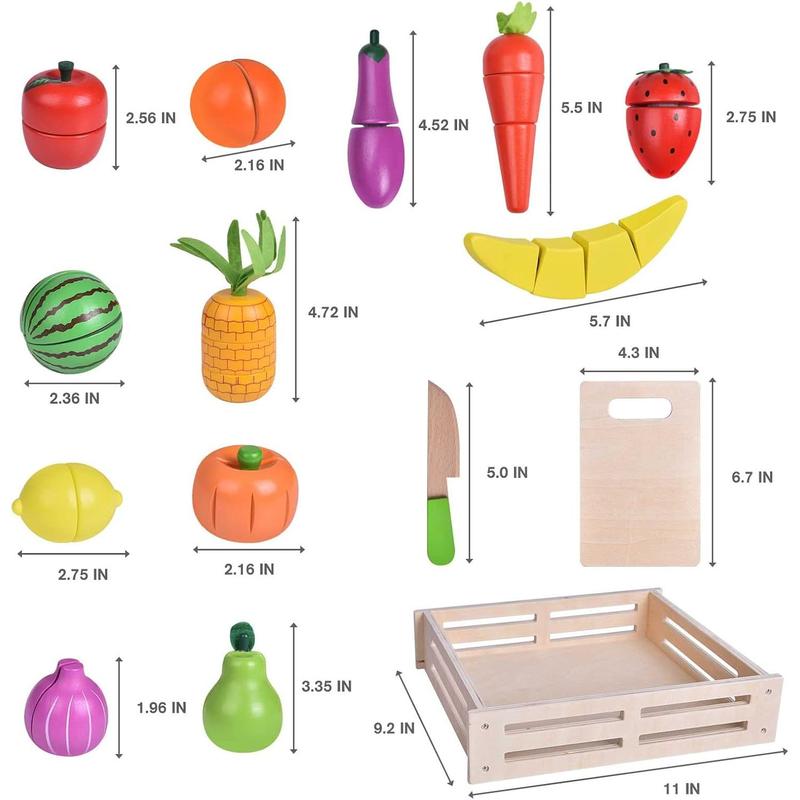 FUN LITTLE TOYS 35PCS Wooden Play Food for Kids Kitchen, Pretend Cutting Food Toys with Wooden Tray, Dishes and Knife for Kids, Pretend Play Food